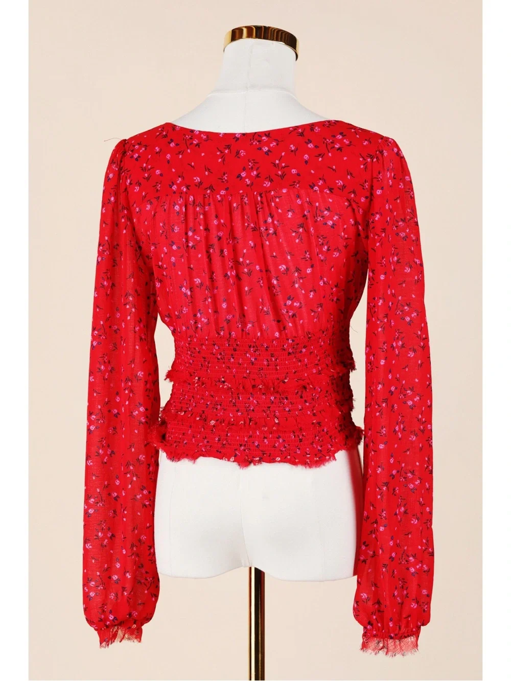 Sz XS Free People Lolita Red Floral Print Smocked Long Sleeve Crop Top EUC